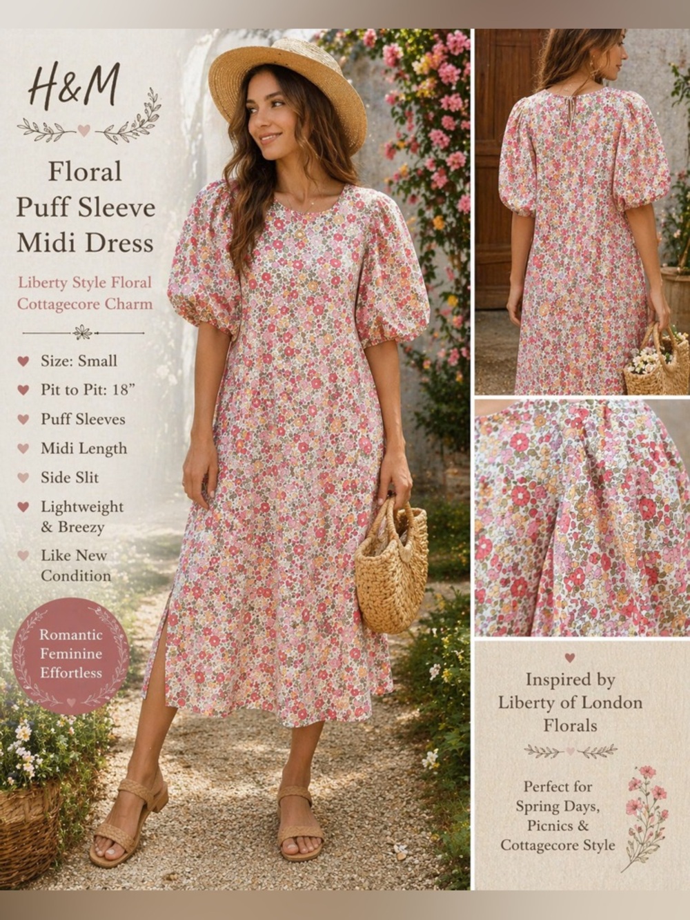 H&M Floral Puff Sleeve Midi Dress Size Small Cottagecore Liberty Style Pink